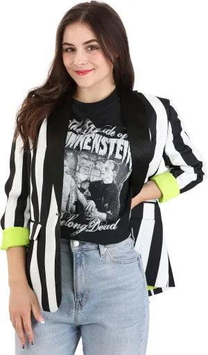White and Black Stripe Women's Blazer | Mischievous Movie Character Themed Costume Jacket for Cosplay, Halloween