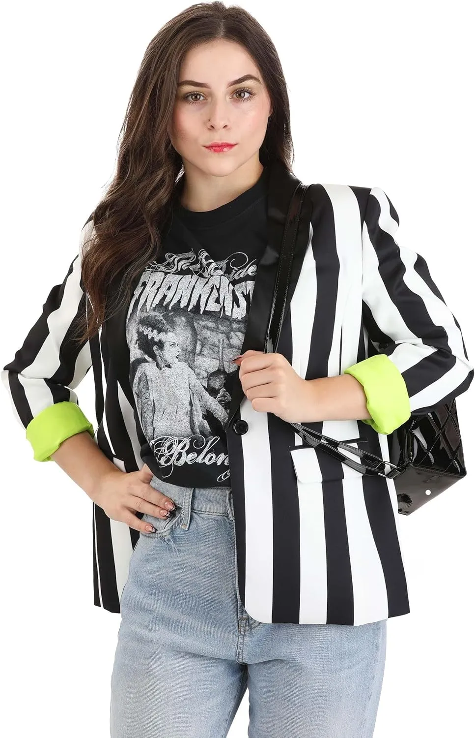 White and Black Stripe Women's Blazer | Mischievous Movie Character Themed Costume Jacket for Cosplay, Halloween