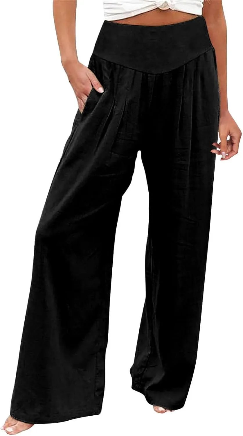 Wide Leg Cotton Pants for Women High Waist Wide Leg Loose Palazzo Beach Pants High Waist Plus Size Lounge Palazzo Trousers