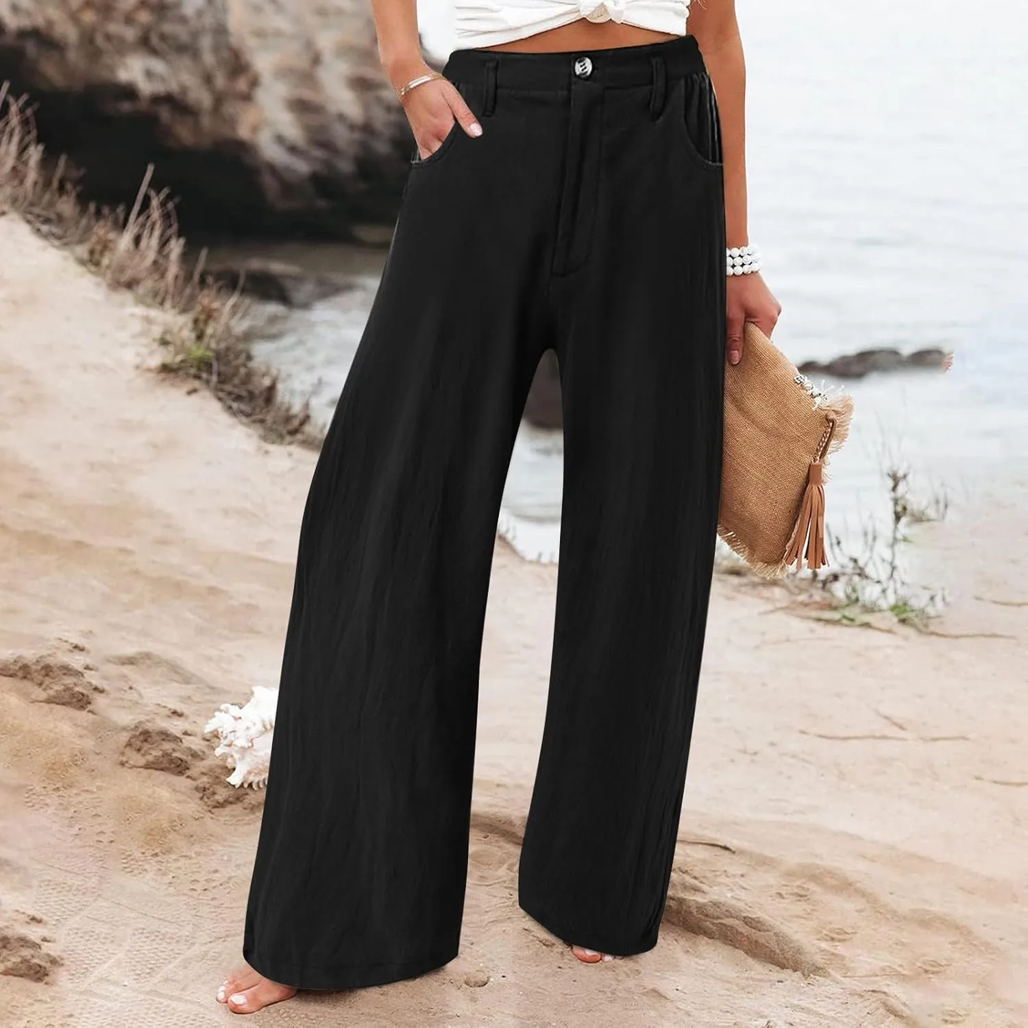 Wide Leg Dress Pants for Women Business Casual High Waisted Linen Palazzo Pants Casual Summer Work Trousers w/Pockets