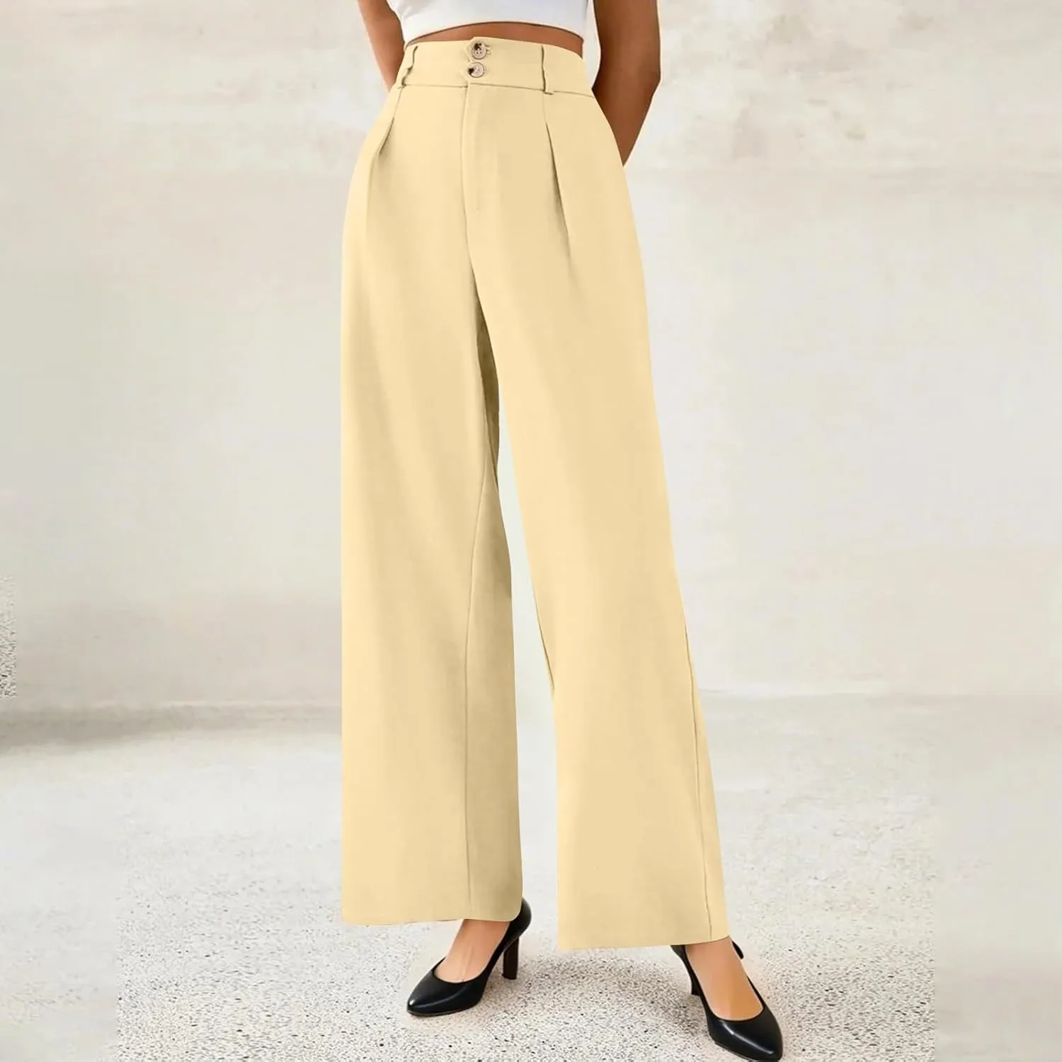 Wide Leg Dress Pants for Women Business Casual Pleated High Elastic Waist Button Palazzo Pants with Pockets