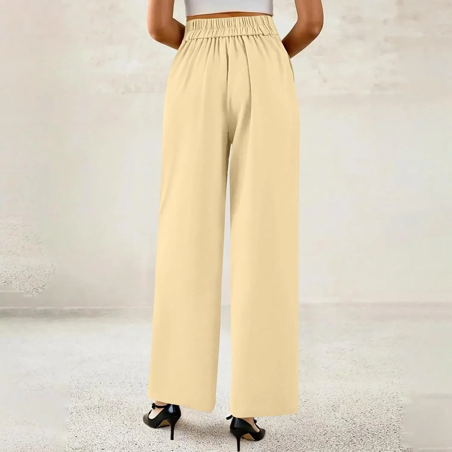 Wide Leg Dress Pants for Women Business Casual Pleated High Elastic Waist Button Palazzo Pants with Pockets