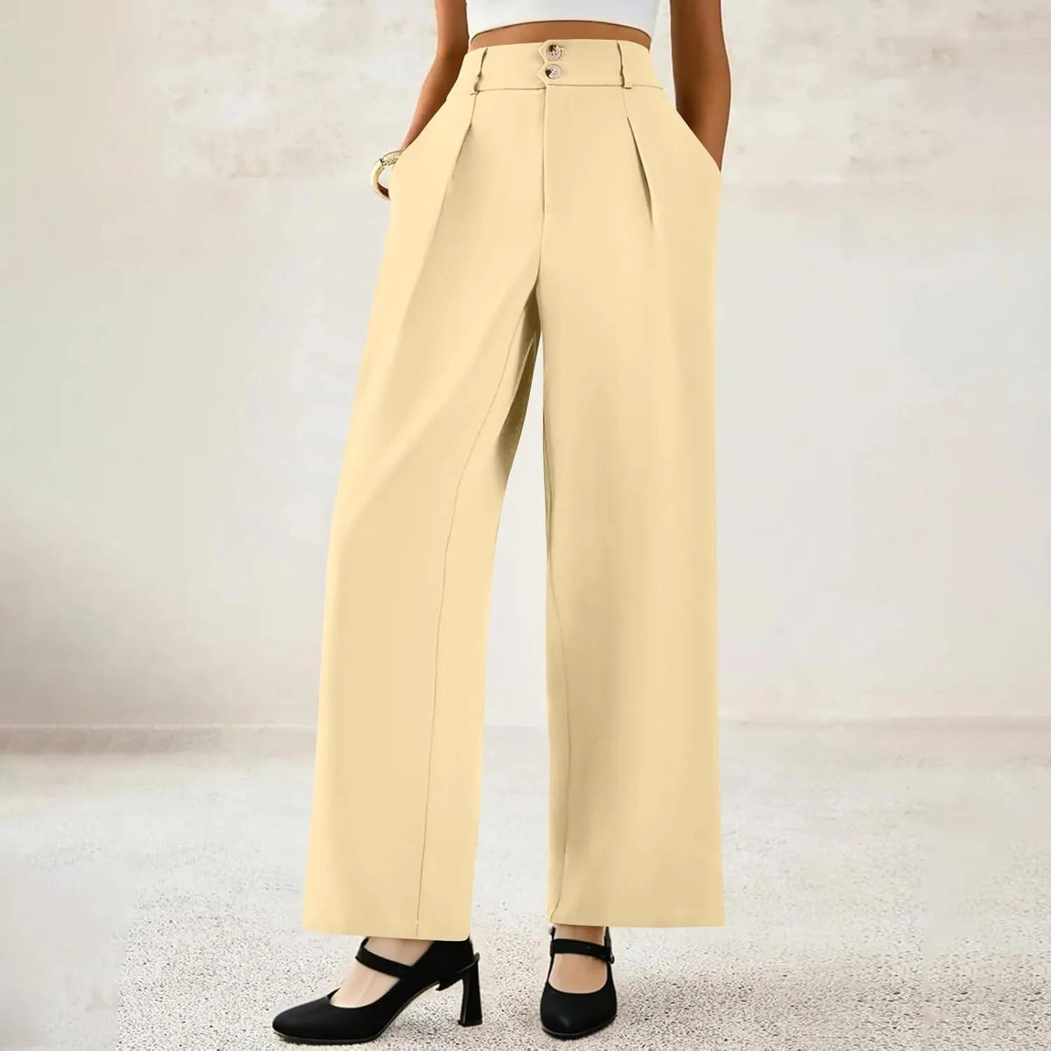 Wide Leg Dress Pants for Women Business Casual Pleated High Elastic Waist Button Palazzo Pants with Pockets