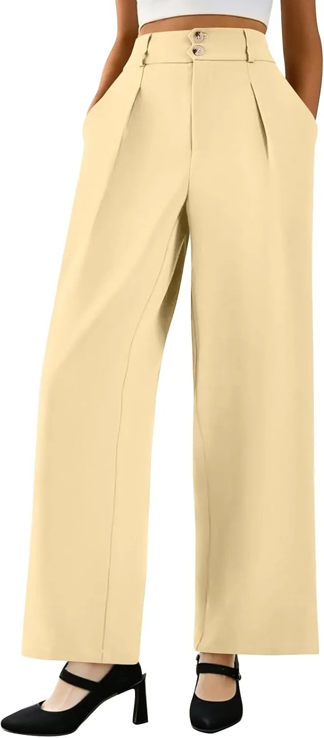Wide Leg Dress Pants for Women Business Casual Pleated High Elastic Waist Button Palazzo Pants with Pockets