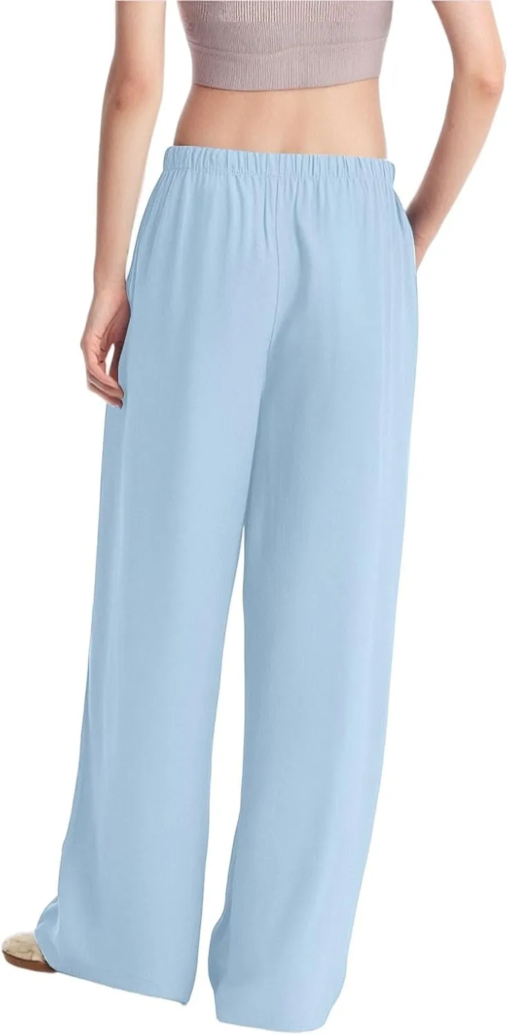 Wide Leg Linen Pants for Women Baggy Drawstring High Waisted Palazzo Pants Beach Vacation Lounge Pants with Pockets
