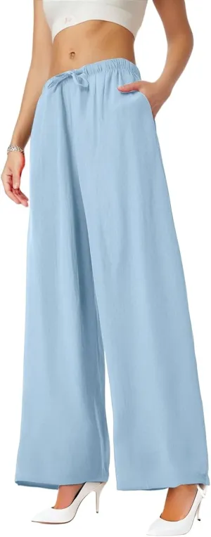 Wide Leg Linen Pants for Women Baggy Drawstring High Waisted Palazzo Pants Beach Vacation Lounge Pants with Pockets