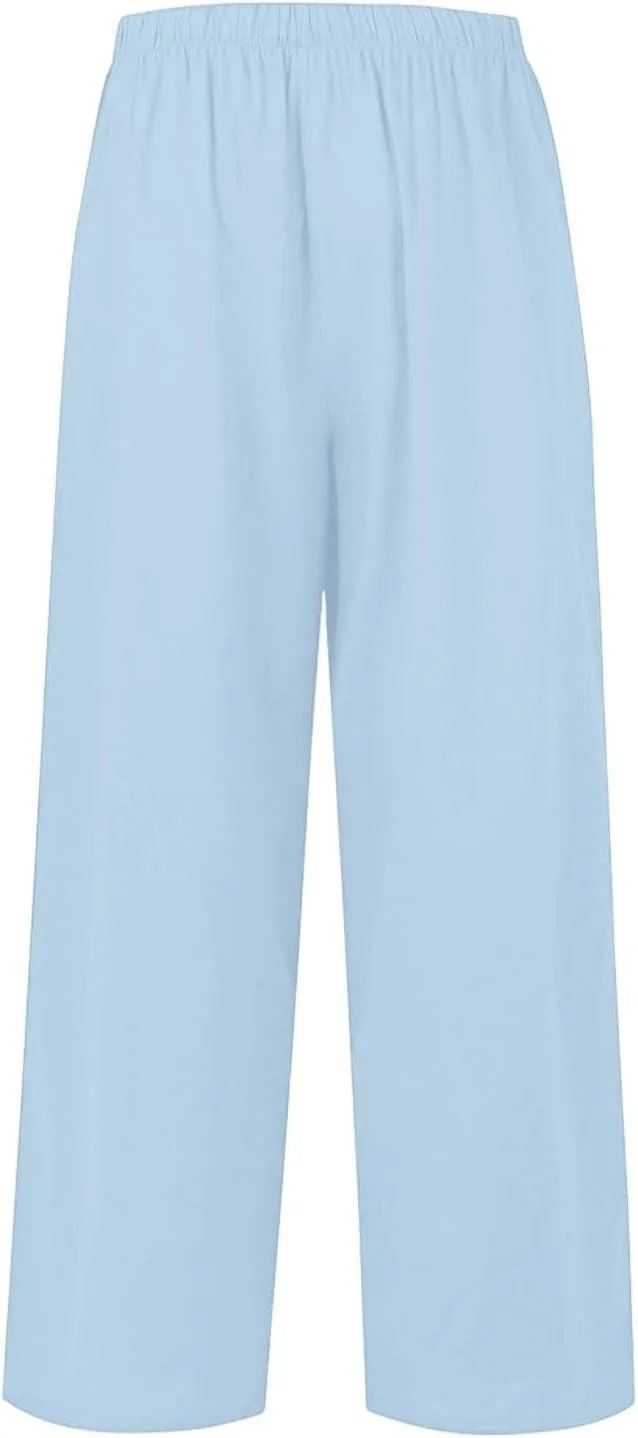 Wide Leg Linen Pants for Women Baggy Drawstring High Waisted Palazzo Pants Beach Vacation Lounge Pants with Pockets