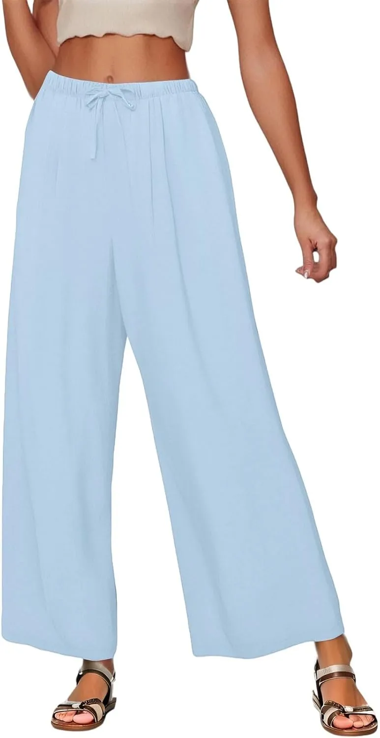 Wide Leg Linen Pants for Women Baggy Drawstring High Waisted Palazzo Pants Beach Vacation Lounge Pants with Pockets