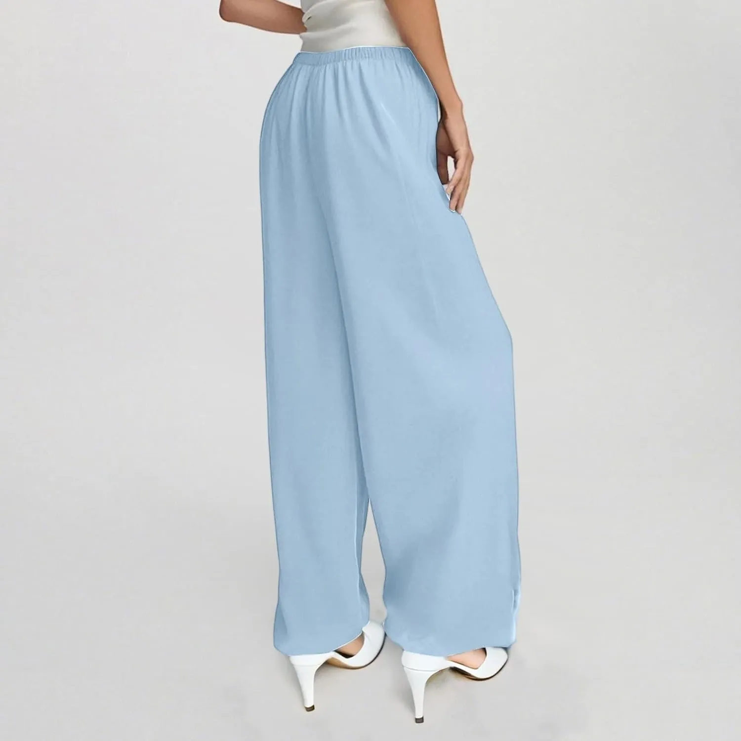 Wide Leg Linen Pants for Women Baggy Drawstring High Waisted Palazzo Pants Beach Vacation Lounge Pants with Pockets