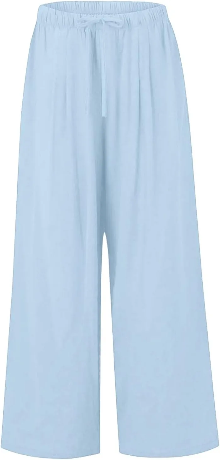Wide Leg Linen Pants for Women Baggy Drawstring High Waisted Palazzo Pants Beach Vacation Lounge Pants with Pockets