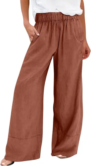 Wide Leg Linen Pants for Women Baggy Elastic High Waisted Palazzo Pants Boho Summer Beach Flowy Pants with Pockets