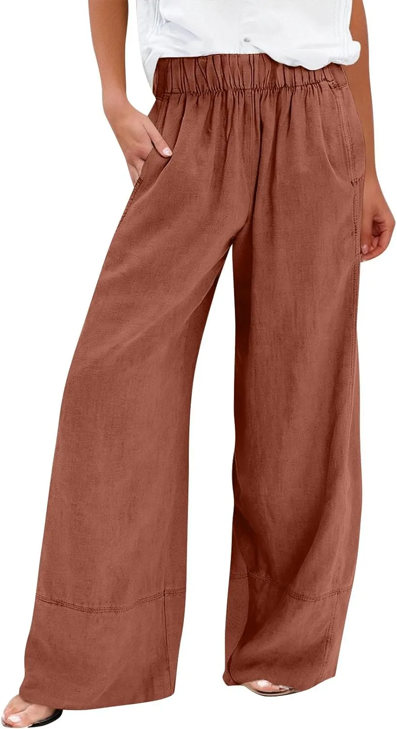 Wide Leg Linen Pants for Women Baggy Elastic High Waisted Palazzo Pants Boho Summer Beach Flowy Pants with Pockets