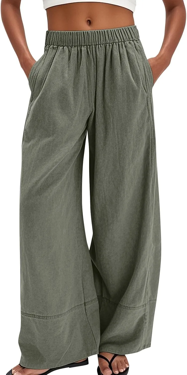 Wide Leg Linen Pants for Women Baggy Elastic High Waisted Palazzo Pants Boho Summer Beach Flowy Pants with Pockets