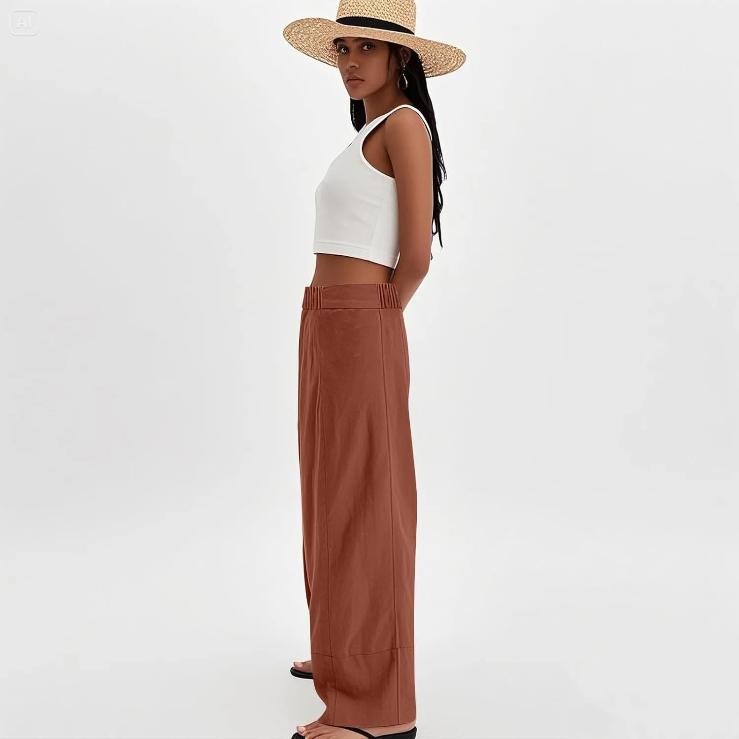 Wide Leg Linen Pants for Women Baggy Elastic High Waisted Palazzo Pants Boho Summer Beach Flowy Pants with Pockets