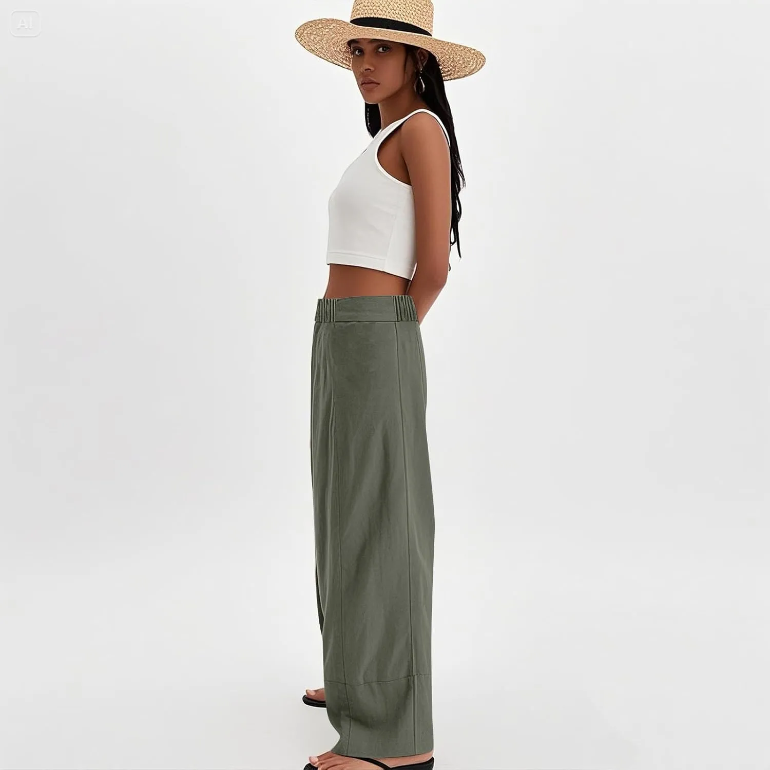 Wide Leg Linen Pants for Women Baggy Elastic High Waisted Palazzo Pants Boho Summer Beach Flowy Pants with Pockets
