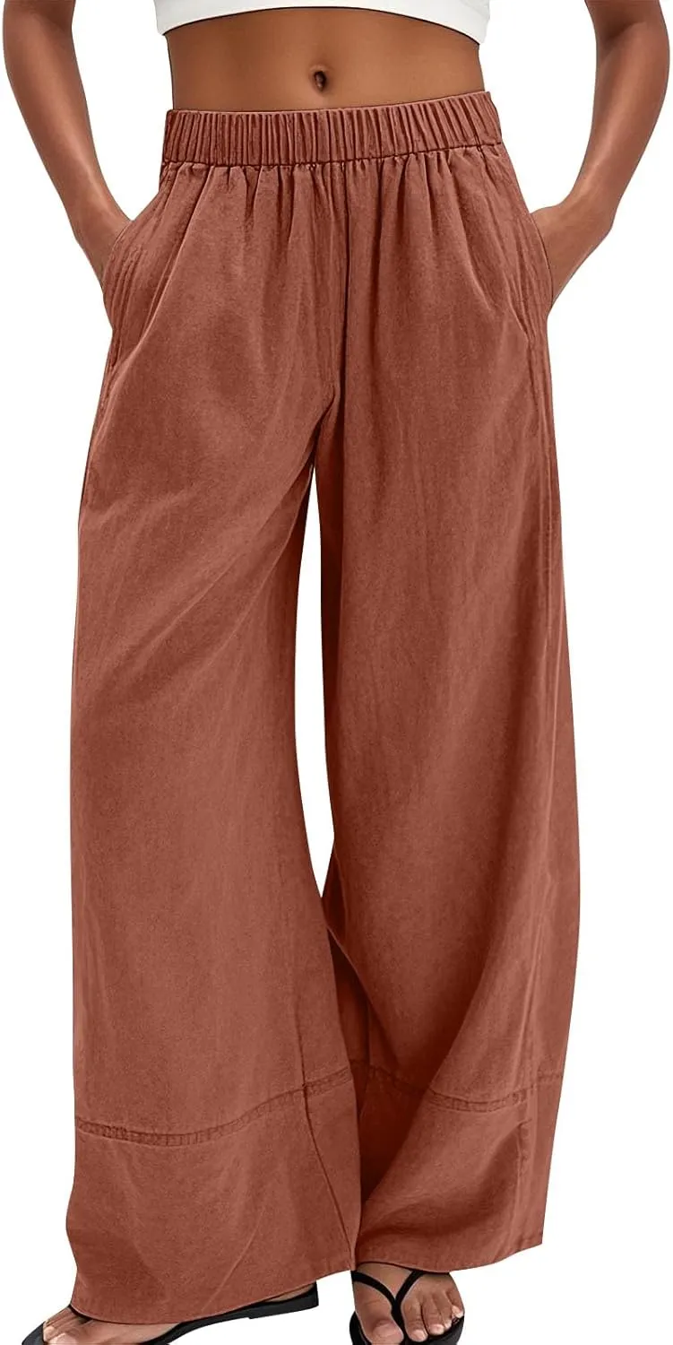 Wide Leg Linen Pants for Women Baggy Elastic High Waisted Palazzo Pants Boho Summer Beach Flowy Pants with Pockets