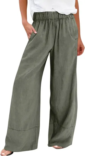Wide Leg Linen Pants for Women Baggy Elastic High Waisted Palazzo Pants Boho Summer Beach Flowy Pants with Pockets