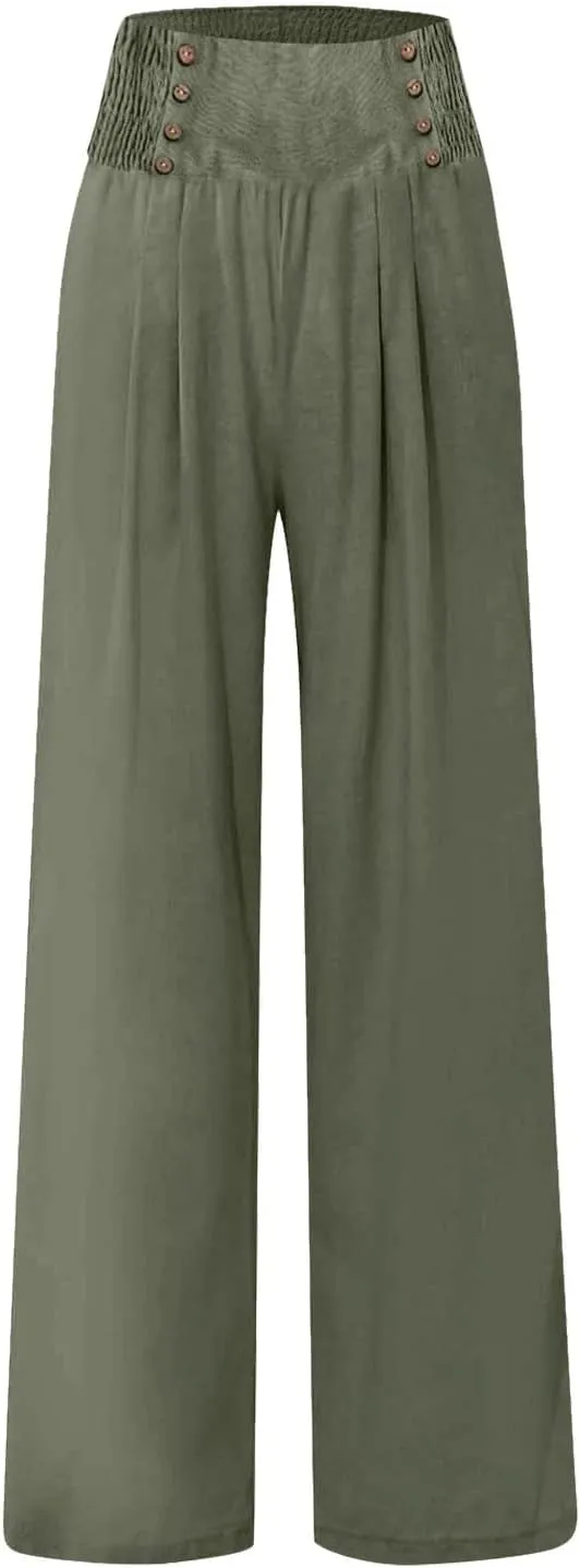 Wide Leg Linen Pants for Women Smocked High Waisted Palazzo Pants Flowy Summer Beach Trousers Outfits with Pockets