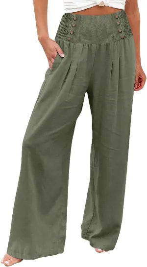 Wide Leg Linen Pants for Women Smocked High Waisted Palazzo Pants Flowy Summer Beach Trousers Outfits with Pockets
