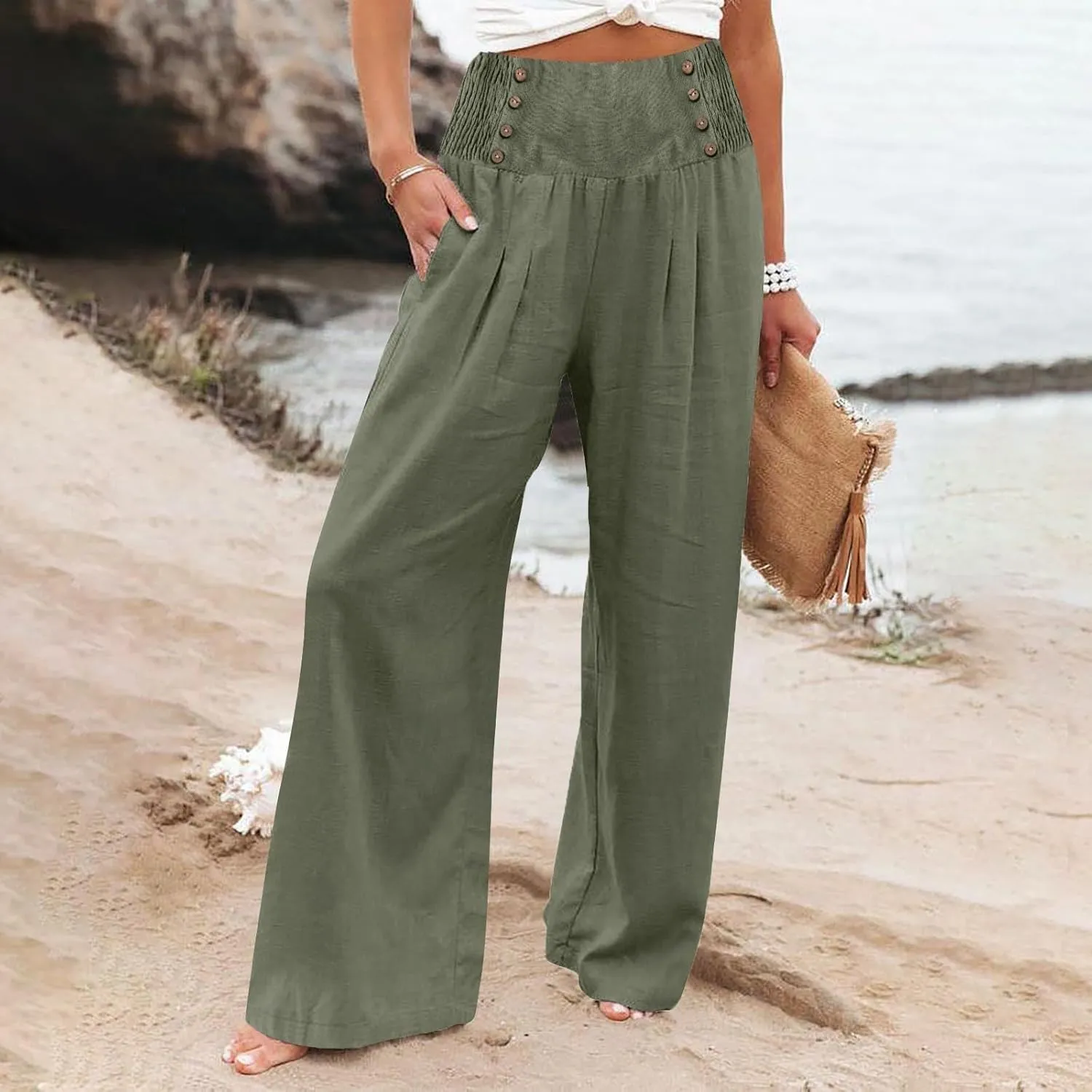 Wide Leg Linen Pants for Women Smocked High Waisted Palazzo Pants Flowy Summer Beach Trousers Outfits with Pockets