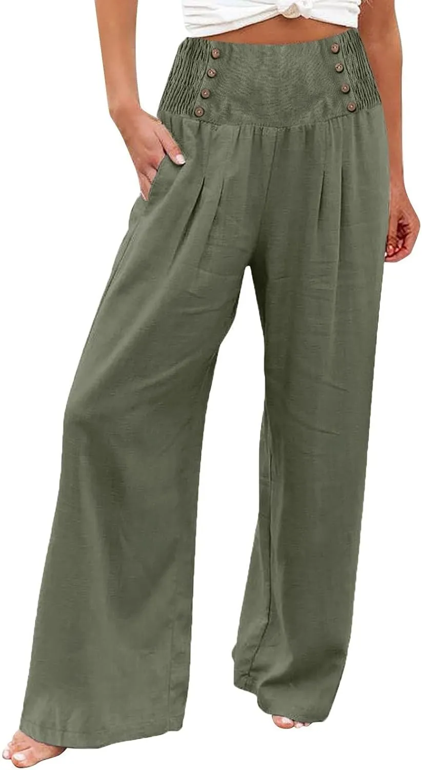 Wide Leg Linen Pants for Women Smocked High Waisted Palazzo Pants Flowy Summer Beach Trousers Outfits with Pockets
