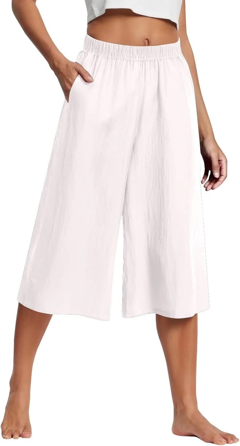Wide Leg Linen Pants for Women Summer Capri Flowy Pants Casual Loose High Waist Trousers with Pockets