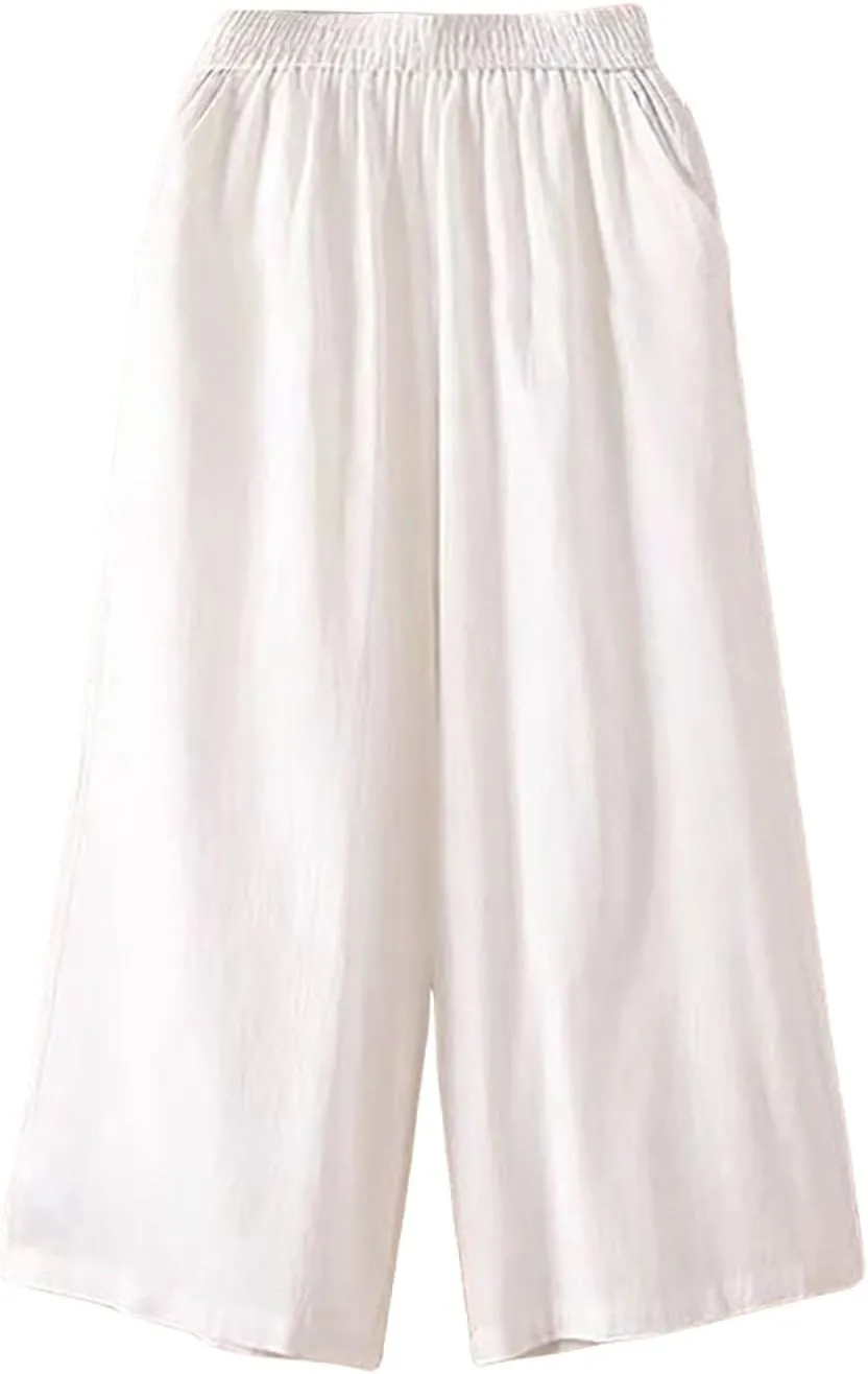 Wide Leg Linen Pants for Women Summer Capri Flowy Pants Casual Loose High Waist Trousers with Pockets