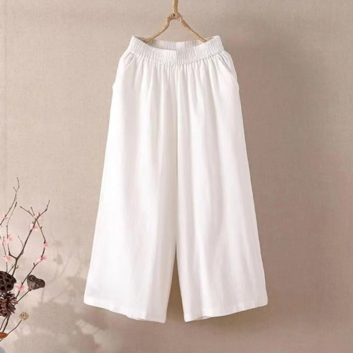 Wide Leg Linen Pants for Women Summer Capri Flowy Pants Casual Loose High Waist Trousers with Pockets
