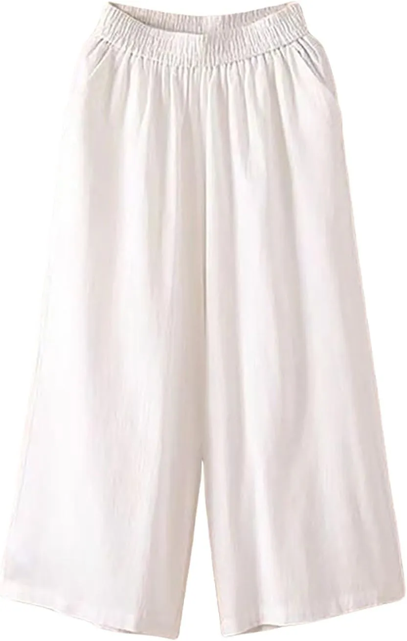 Wide Leg Linen Pants for Women Summer Capri Flowy Pants Casual Loose High Waist Trousers with Pockets