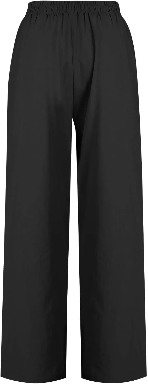 Wide Leg Linen Pants for Women Summer Palazzo Flowy Capri Palazzo Flowy Pants Casual High Waist Trousers with Pockets