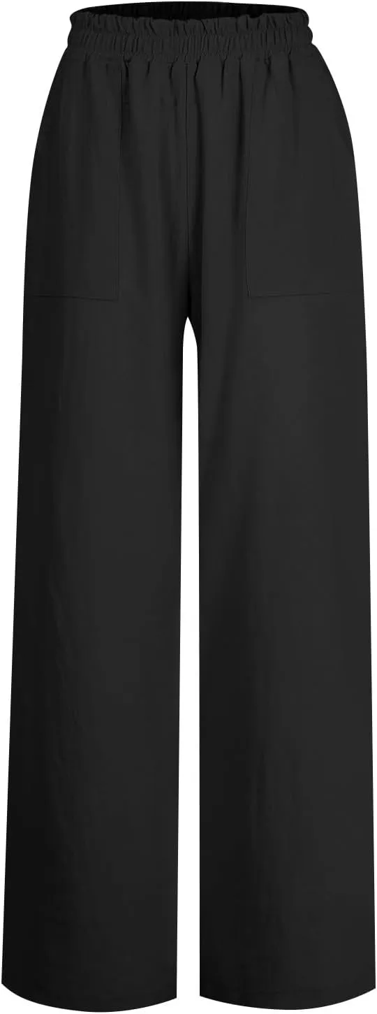 Wide Leg Linen Pants for Women Summer Palazzo Flowy Capri Palazzo Flowy Pants Casual High Waist Trousers with Pockets