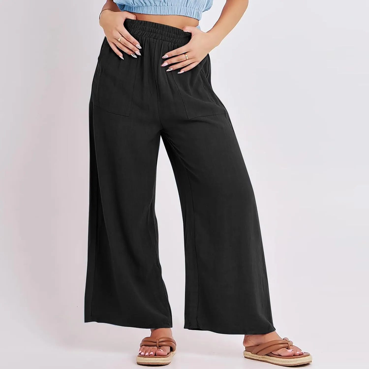 Wide Leg Linen Pants for Women Summer Palazzo Flowy Capri Palazzo Flowy Pants Casual High Waist Trousers with Pockets