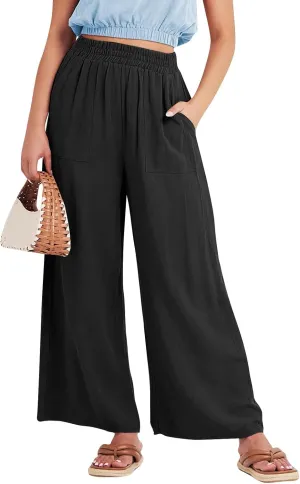 Wide Leg Linen Pants for Women Summer Palazzo Flowy Capri Palazzo Flowy Pants Casual High Waist Trousers with Pockets