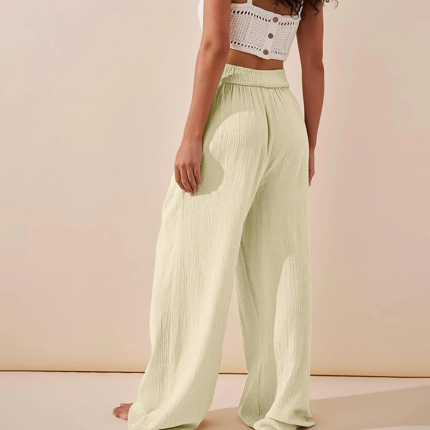 Wide Leg Palazzo Pants for Women Casual Beach Flowy Linen Pants Crossover High Waisted Long Lounge Pants with Pockets