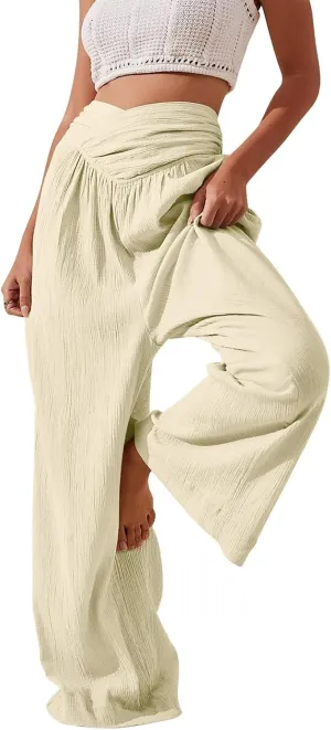 Wide Leg Palazzo Pants for Women Casual Beach Flowy Linen Pants Crossover High Waisted Long Lounge Pants with Pockets