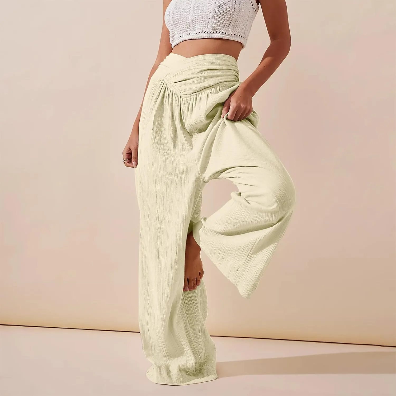 Wide Leg Palazzo Pants for Women Casual Beach Flowy Linen Pants Crossover High Waisted Long Lounge Pants with Pockets