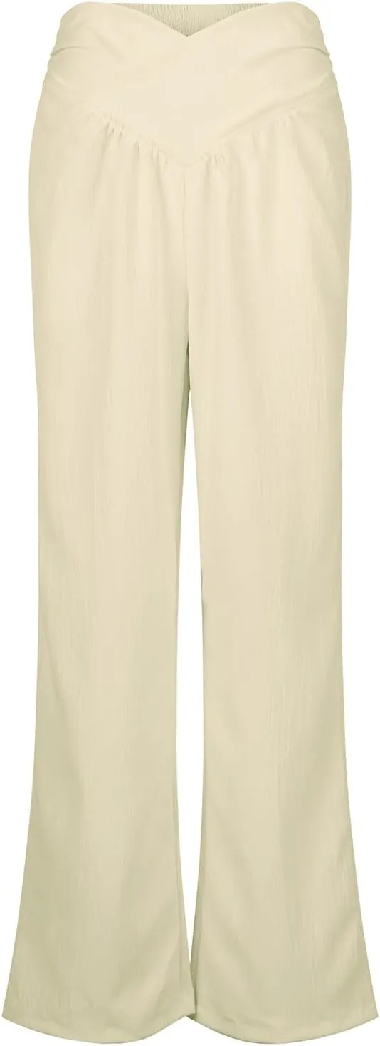 Wide Leg Palazzo Pants for Women Casual Beach Flowy Linen Pants Crossover High Waisted Long Lounge Pants with Pockets