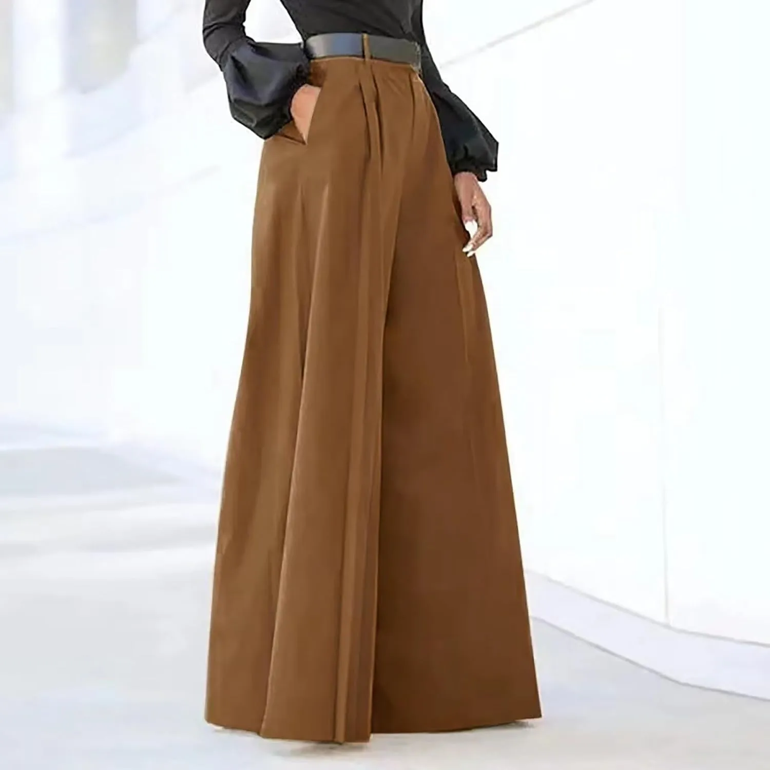 Wide Leg Palazzo Pants for Women - High Waist Stretchy Casual Flared Pants Trendy Loose Lounge Trousers with Pockets