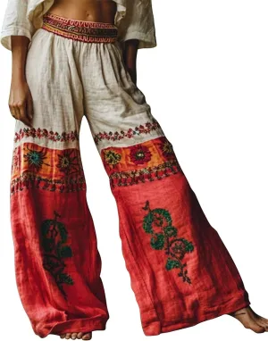 Wide Leg Pants Woman Summer Boho Palazzo Capri for Women Linen Floral Print Ethnic Baggy Beach Casual Trousers