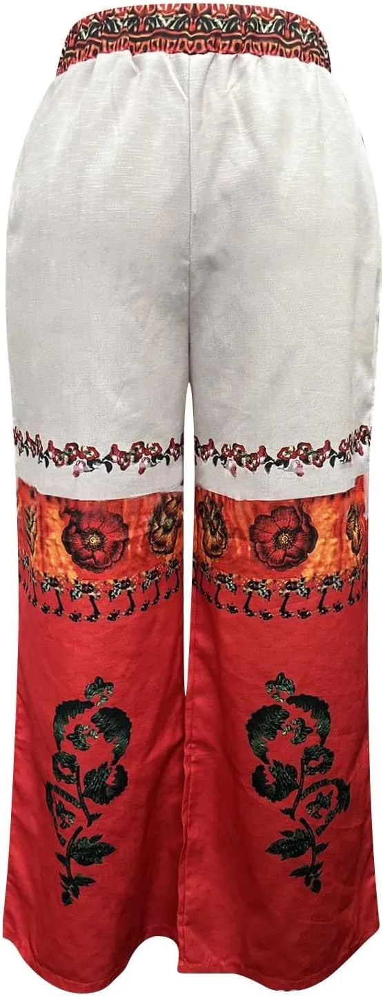 Wide Leg Pants Woman Summer Boho Palazzo Capri for Women Linen Floral Print Ethnic Baggy Beach Casual Trousers