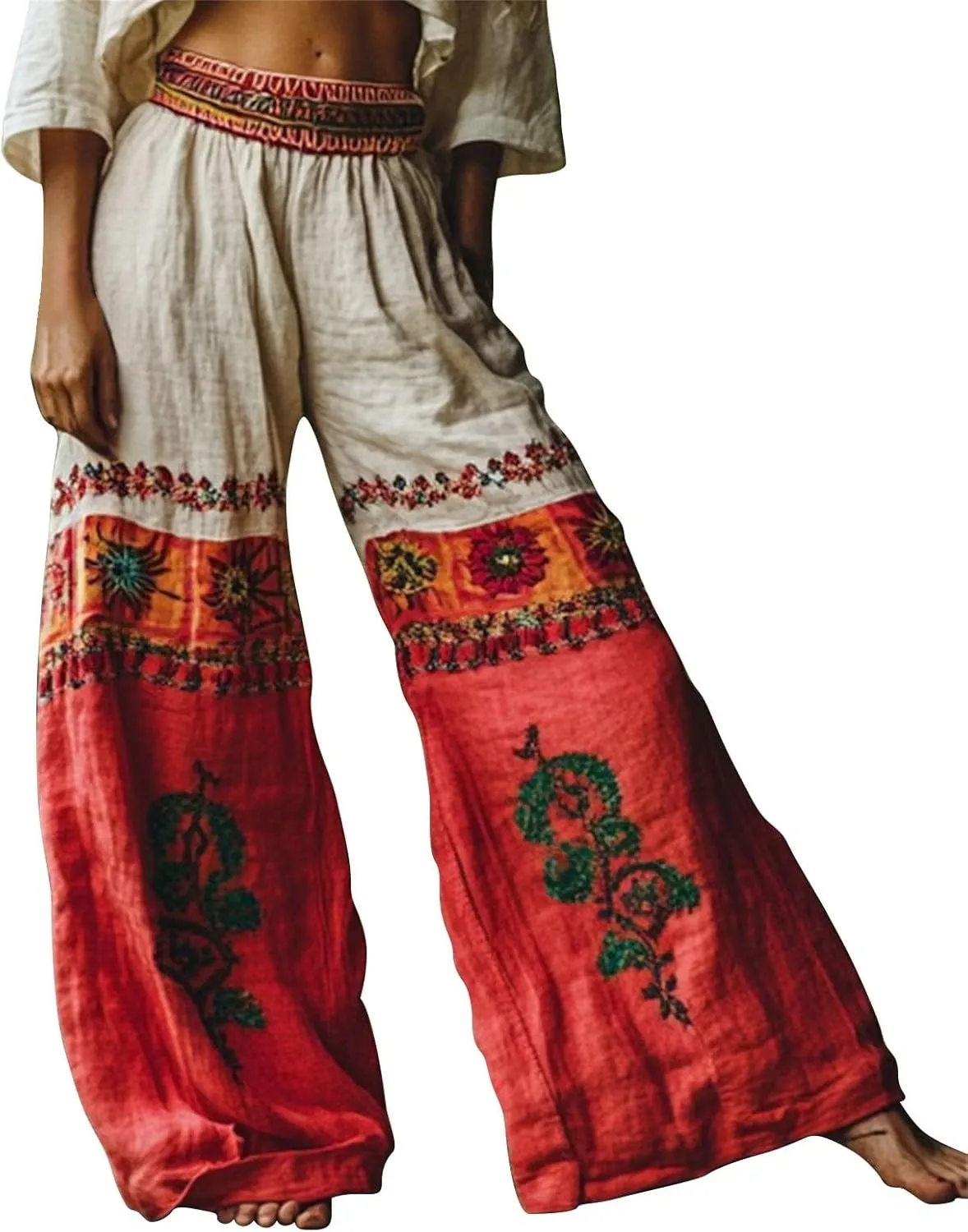 Wide Leg Pants Woman Summer Boho Palazzo Capri for Women Linen Floral Print Ethnic Baggy Beach Casual Trousers