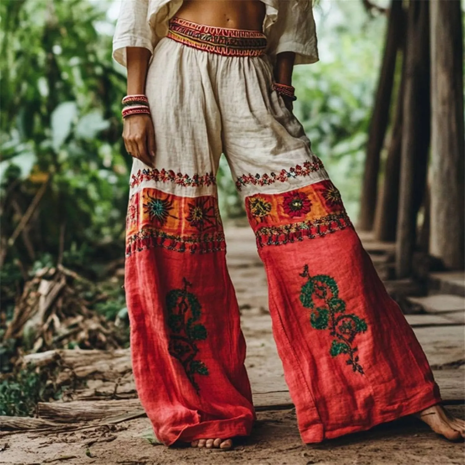 Wide Leg Pants Woman Summer Boho Palazzo Capri for Women Linen Floral Print Ethnic Baggy Beach Casual Trousers