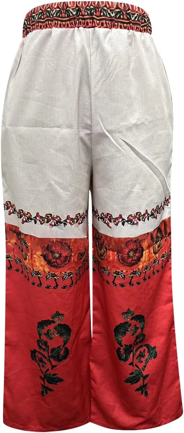Wide Leg Pants Woman Summer Boho Palazzo Capri for Women Linen Floral Print Ethnic Baggy Beach Casual Trousers