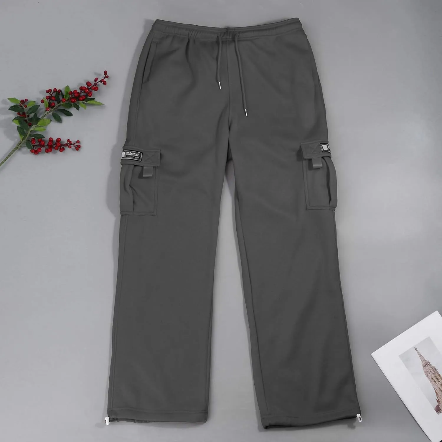 Wide Leg Sweatpants Men Open Bottom Drawstring Waist Cargo Pants with Pockets Baggy Mencomfy Athletic Gym Sweat Pants