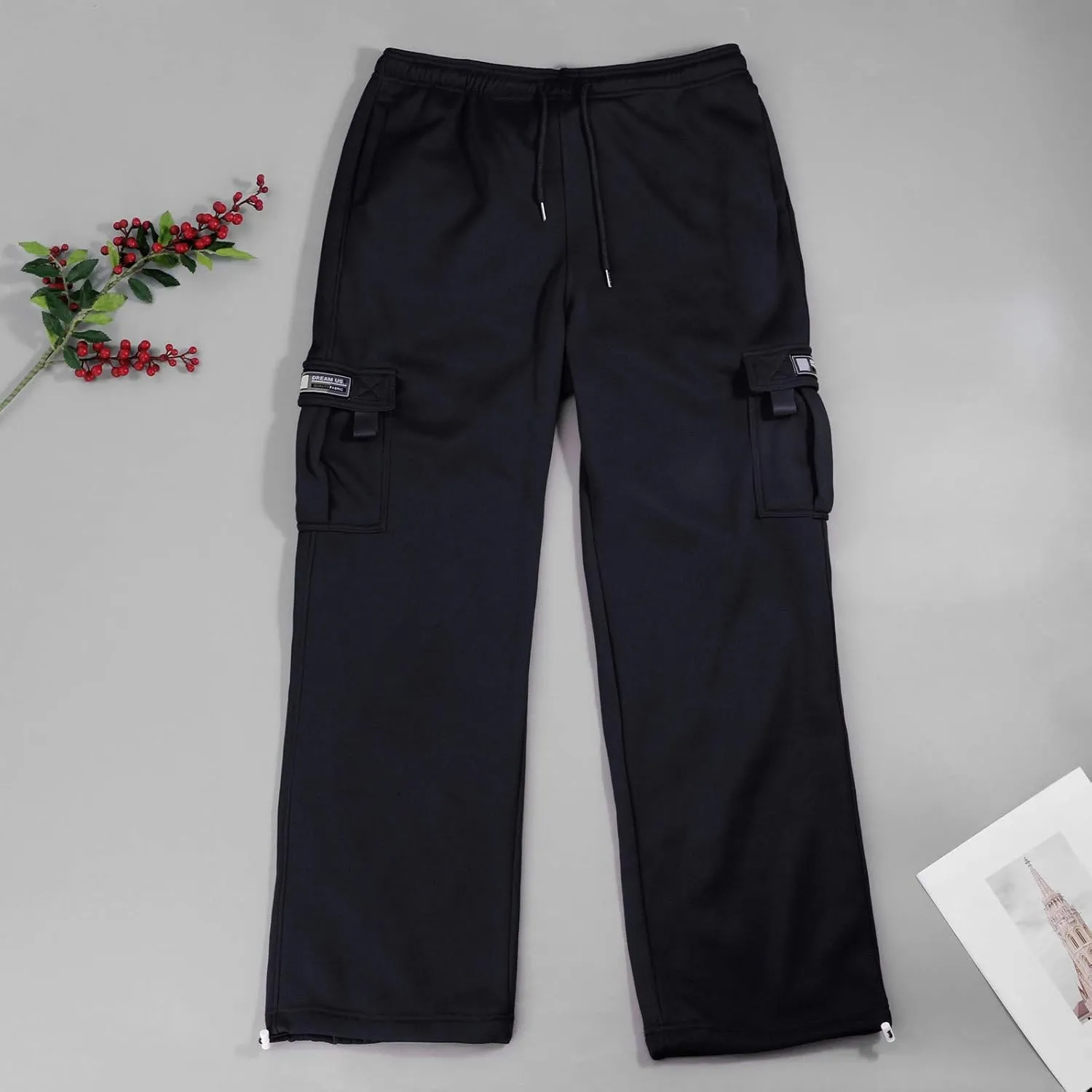 Wide Leg Sweatpants Men Open Bottom Drawstring Waist Cargo Pants with Pockets Baggy Mencomfy Athletic Gym Sweat Pants