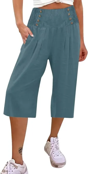 Wide Leg Work Pants for Women Pants Elastic Waist Summer Trousers 3/4 Length Pants with High Linen Pants for Women
