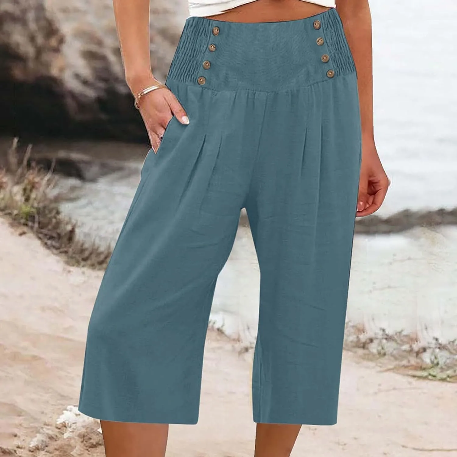 Wide Leg Work Pants for Women Pants Elastic Waist Summer Trousers 3/4 Length Pants with High Linen Pants for Women