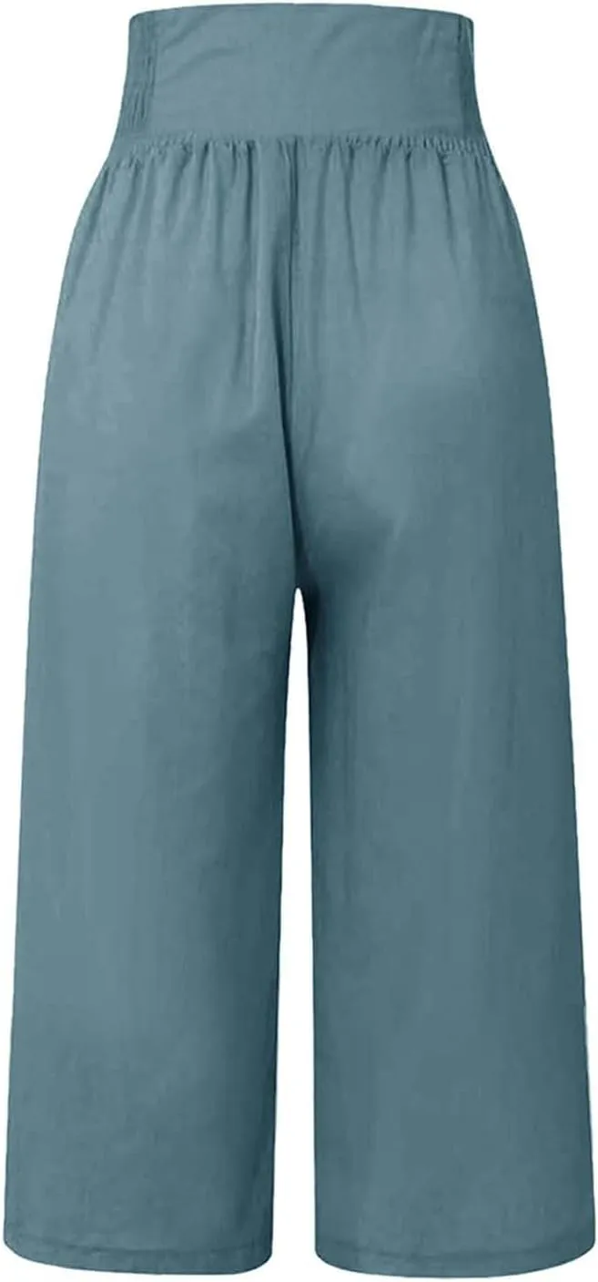 Wide Leg Work Pants for Women Pants Elastic Waist Summer Trousers 3/4 Length Pants with High Linen Pants for Women