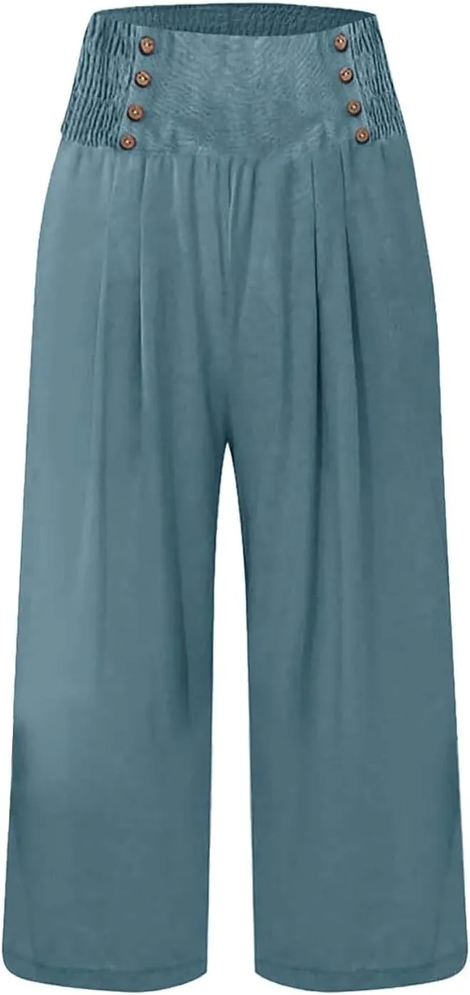 Wide Leg Work Pants for Women Pants Elastic Waist Summer Trousers 3/4 Length Pants with High Linen Pants for Women