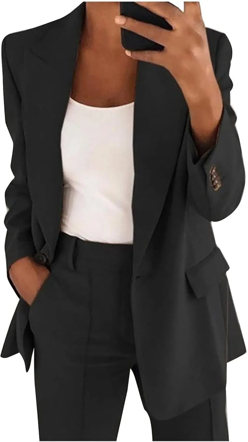 Women 2 Piece Plus Size Casual Blazers Open Front Long Sleeve Button Jackets and Pants Office Business Work Suit Set